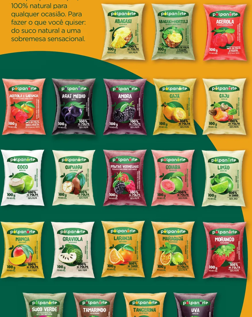 Saquinhos de polpa de fruta Polpanorte em 22 sabores